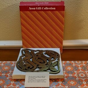Vintage Christmas Metal Trivet Avon HOLLY & JOY GIFT COLLECTION Candle Kitchen
